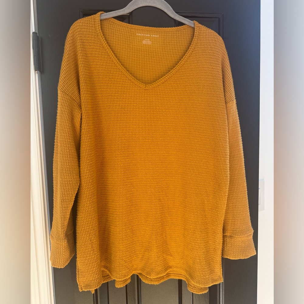 American Eagle Outfitters Women's Golden Mustard V-Neck Waffle Sweater